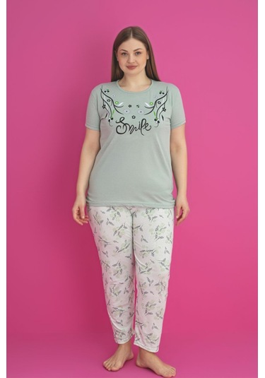X-dreamy Büyük Beden Pamuklu Çiçekli Kısa Kollu Pijama Takımı Yeşil