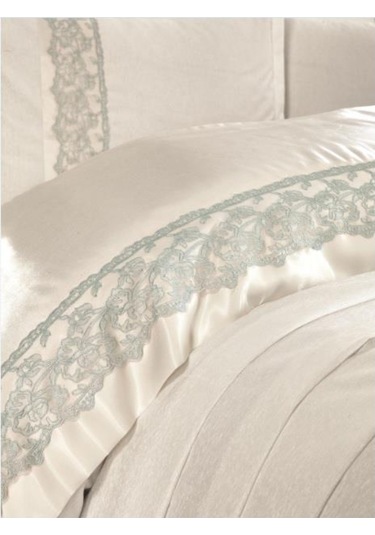 Finezza Beatrice Şönil Kumaş Kreme Mint Bantlı Çift Kş.Yatak Örtü Mint Yeşili