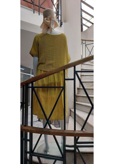 İtalyan Müslin Keteni Üstü File Bluzlu Astarlı Tek Parça Elbise Hardal Sarısı Hardal