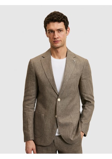Cacharel Kahverengi Slim Fit %100 Keten Mikro Desen Mono Yaka Ceket Hardal
