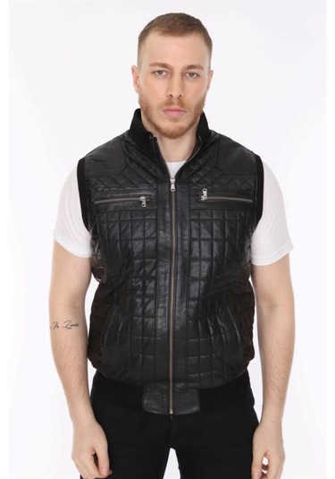 Hakiki Deri Siyah Işlemeli Lastikli Erkek Deri Yelek Siyah