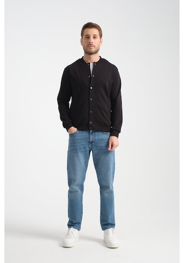 Shooter Sportswear Erkek Sweatshirt Düğmeli Ekru Standart Kalıp Siyah