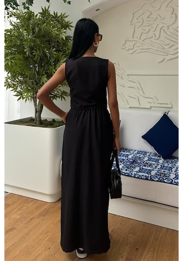 Moderie Butik Etek Yırtmaçlı Yelekli Keten Takım 10131 Si Yah
