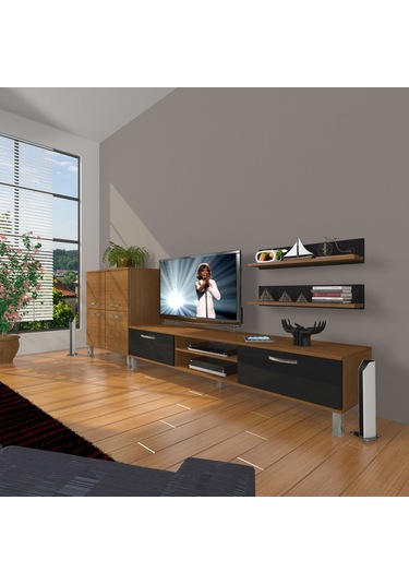 Decoraktiv Eko On Slm Dvd Krom Ayaklı Tv Ünitesi Tv Sehpası Ceviz - Siyah