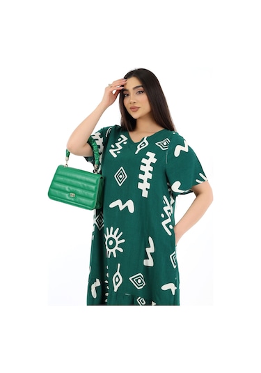 Schık Kadın Viskon Yarım Kol V Yaka Cepli Fırfırlı Elbise Koyu Yeşil Koyu Yeşil