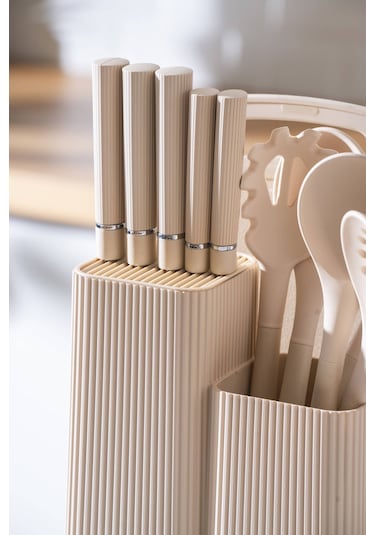 Acar Cooper 12 Parça Standlı Kesme Tahtası Servis Ve Bıçak Seti Krem