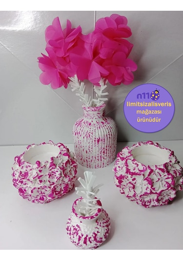 Dekoratif Fuşya Mumluk Çiçekli Vazo Süs Eşyası Biblo Takımı Fuşya