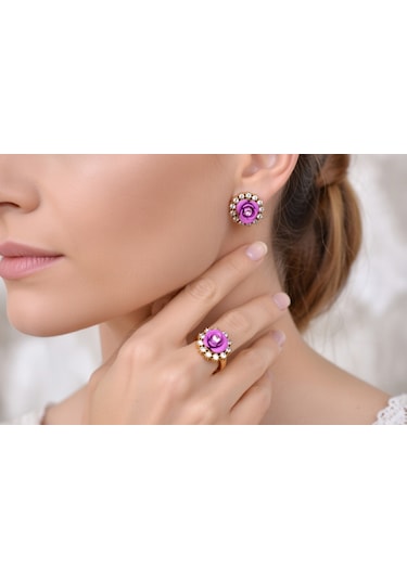 El İşçiliği Pembe Gül Detaylı Vintage Stil Gümüş Ve Bronz Yüzük Küpe Otantik Takı Seti Mod113 Gümüş