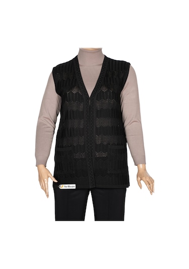 Hesna Kadın Gökçe Triko Ajurlu Boncuklu Cepli Siyah Yelek Siyah