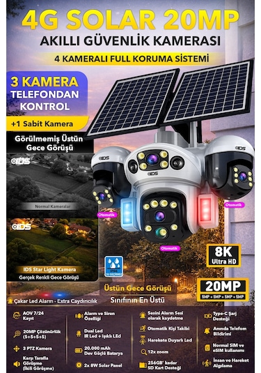 3 Hareketli 20mp 4 Kamera 4g Solar Güneş Enerjili Güvenlik Kamerası - Anlık Bildirim - Cepten İzle