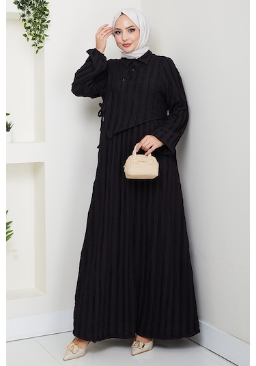 Çapraz Bağlamalı Bürümcük Elbise 1617 - Siyah Siyah