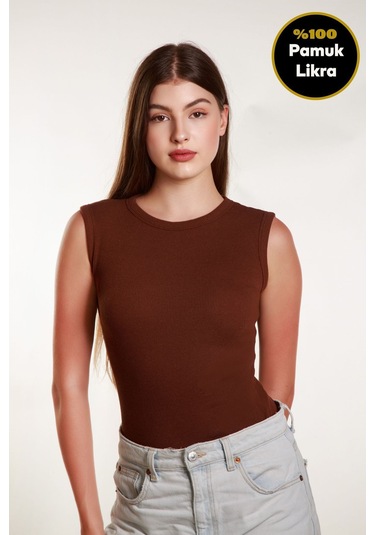 Kadın Kahverengi Fitilli Likralı Sıfır Kol Bisiklet Yaka Örme Atlet Tshirt Bluz Kahverengi