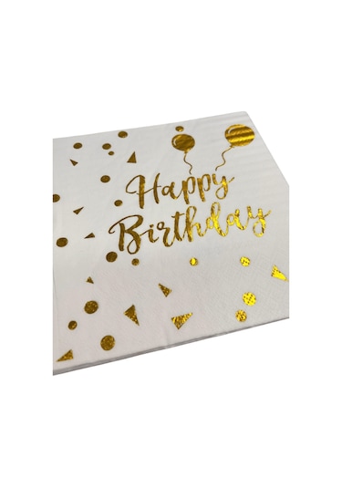 Peçete Varaklı Happy Birthday Yazı Beyaz Üstü Gold