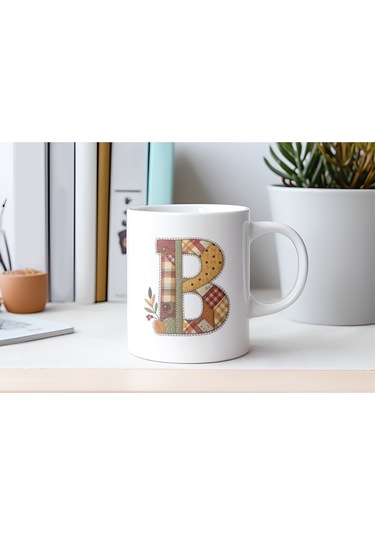 B Harfi Sonbahar Kış Temalı Yamalı Tasarım Kupa Bardak - Etnik Ve Pathwork Severlere Özel Hediye Beyaz