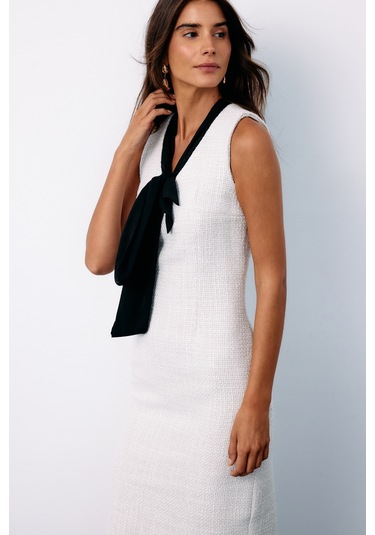 Sateen Fularlı Kolsuz Tüvit Elbise - Taş-135149 Taş