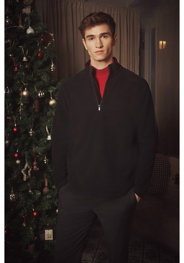 Erkek Sıyah Anti-pilling Tüylenme Yapmayan Standart Fit Dik Yaka Polar Sweatshirt Siyah