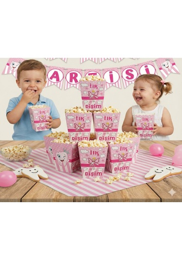 8 Adet - Mısır Kutusu Popcorn Diş Partisi Kız Pembe Diş Buğdayı Parti Seti