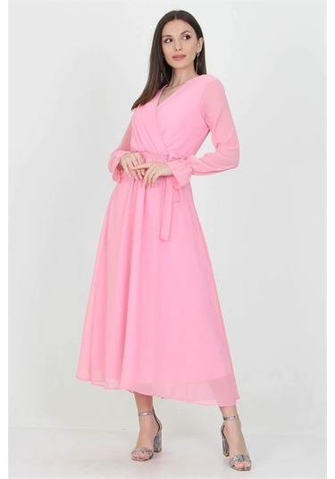 Kadın Kuşaklı Uzun Şifon Elbise Dpkts003 Pudra