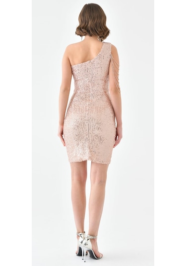 Hanife Glam Couture Hanife Glam Tek Omuz Taş Tasarımlı Mini Pulpayet Elbise Gold