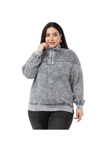 Büyük Beden Pis Dikişli Fermuarlı Yırtmaçlı Parça Boyalı Gri Sweatshirt-gri Gri