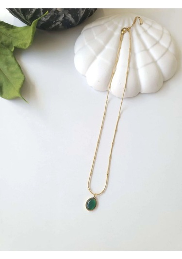Çelik Gold Yeşil Taşlı Kadın Kolye - Emerald Sevgiliye Hediye