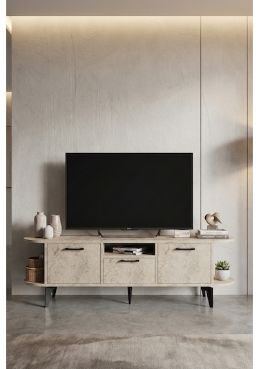 Tv Sehpası 160 Cm Modern 3 Kapaklı Tv Sehpa Çok Amaçlı Konsol Ünitesi Mira Ekru