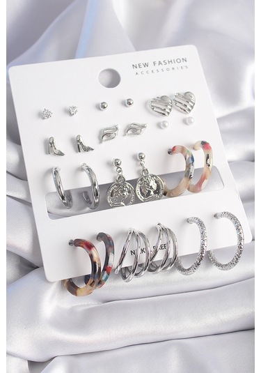 Gümüş Renk Zirkon Taş Detaylı 12 Çift Kadın Küpe Seti - Ebj261410w29091 Diğer