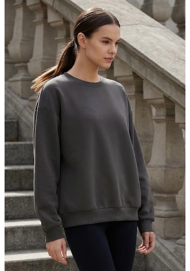 Koyu Gri Basic O Yaka Oversize Kadın Sweatshirt - 97053 Koyu Gri