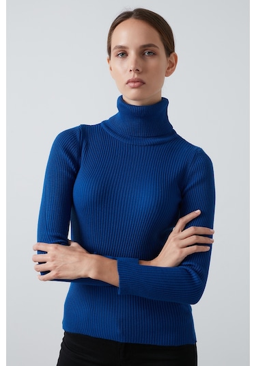 Lela Fitilli Regular Fit Balıkçı Yaka Soft Akrilik Bayan Kazak 4614102 Saks
