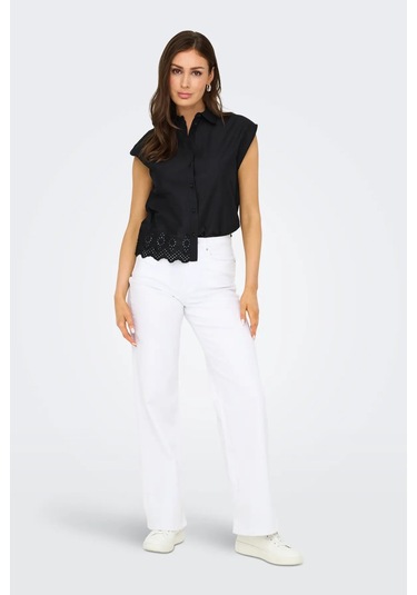 Only Kadın Onllou Etek Ucu Dantelli Düğmeli %100 Pamuk Gömlek 15342569 Siyah Siyah