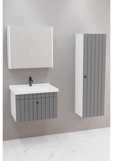 Alice 65 Cm Banyo Dolabı Bgn Aynalı Antrasit - Boy Dolap Dahil Antrasit