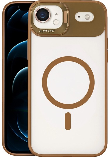 İphone Uyumlu 17 Air Kılıf Remim Magsafe Lensli Kamera Standlı Kapak Kahverengi