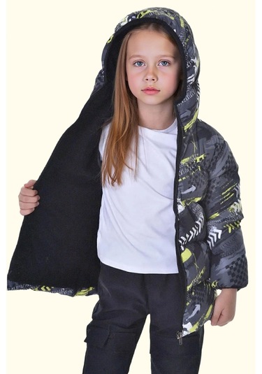 Kız Çocuk Dijital Desen Polar Su Ve Rüzgar Geçirmez Kapüşonlu Şişme Kışlık Mont Sarı