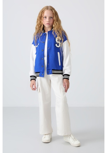 Tommy Life Gece Mavi Pamuklu İçi Tüylü Yumuşak Dokulu Standart Fit Nakışlı Kız Çocuk Kolej Ceket - 75163 Mavi