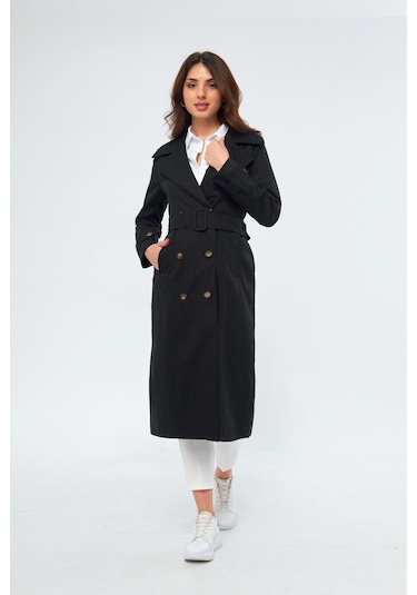 %100 Pamuk Ekstra Uzun 120cm Kruvaze Kadın Trençkot 1121 Siyah