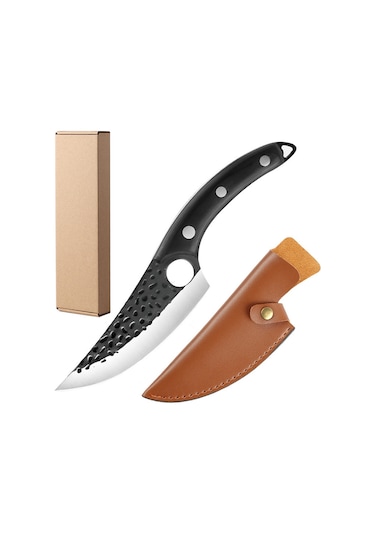 Mufunye Çelik Bıçak, Keskin Bıçak Ucu, Çarpıklı Finish, Et Parçalama, Balık/mayıs Kesimi, Deri Soyma, Ahşap Sap, Pu Kılıf + Deri Kutusu