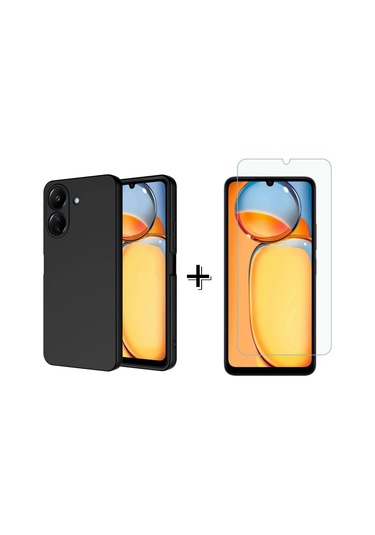 Forzacase Xiaomi Redmi 13c Liquid İçi Kadife Lansman Silikon Kılıf + Temperli Cam Ekran Koruyucu Siyah