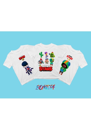 Bumeta Brawl Stars Karakter Baskılı Çocuk Tişört 3 Lü Set Beyaz