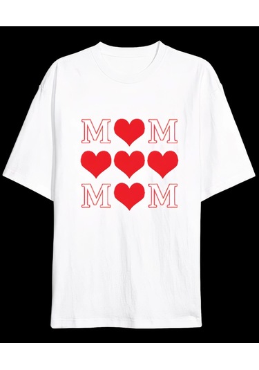 Anneler Gününe Özel Tasarım Mom Kalp Baskılı T-shirt - Beyaz