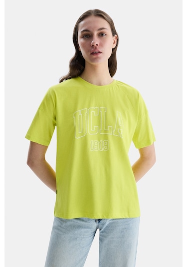 Ucla Sanchez Sarı Bisiklet Yaka Baskılı Standard Fit Kadın Tshirt Sarı