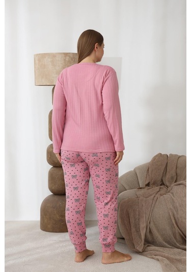 Lindros Kadın Pamuk'lu Düğme Yaka Raporlu İnterlok Kışlık Battal Pijama Takımı 0255 - 1 Adet Pembe