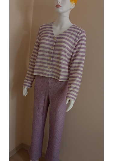 Crop Kesim Çizgili Pijama Takımı Dowry Mor