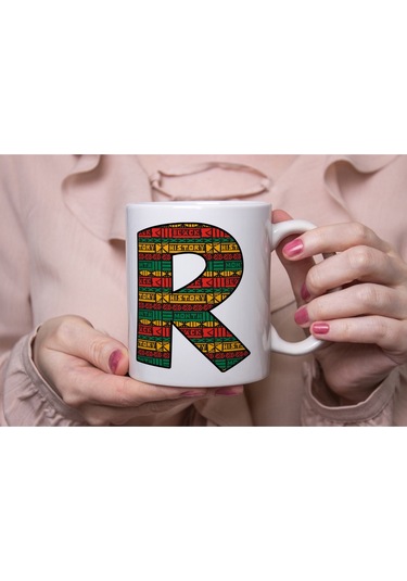 R Harfi Etnik Desenli Kupa - Afrika Tarzı Kahve Çay Kupası - Hediyelik - Black History Beyaz