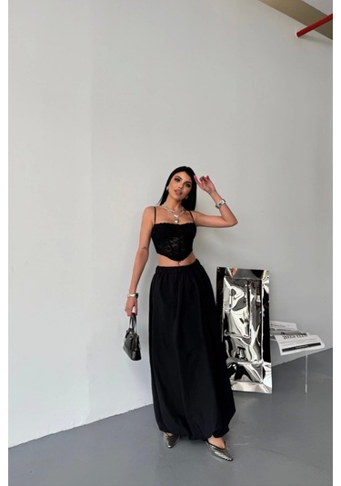 Bel Lastikli Balon Etek Şanel Boy Soft Kumaş - Siyah Siyah