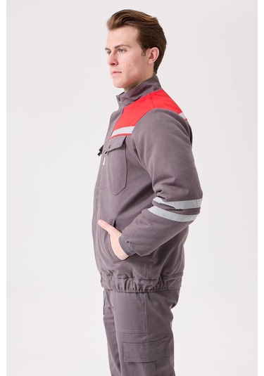 Kışlık İş Montu Grikırmızı Reflektörlü Gabardin Royal Mont İçi Kapitoneli Sıcak Tutan Gri-Kırmızı