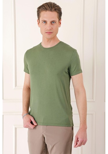 Slim Fit Bisiklet Yaka Düz Pamuklu Haki Tişört Ts 823 Haki