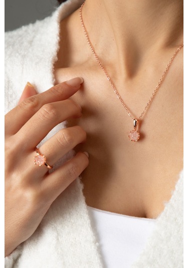 Kadın Rose Kaplama Beyaz Taşlı Lotus Çiçeği Kolye Yüzük  Set Rose Gold