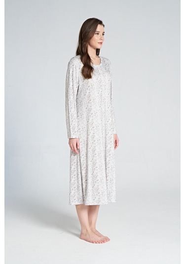 Pijadore 1066 Melisa Kadın Çiçek Desenli Uzun Kol Gecelik Gri