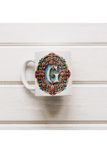 G Harfi Boho Bardak, Renkli Özel Tasarım Hediyelik Harfli Kupa, 330ml Porselen Beyaz