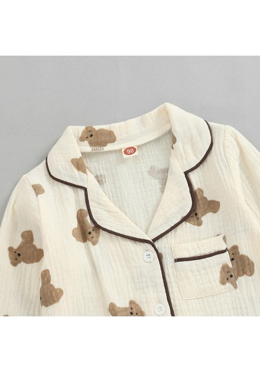 Çocuklar Unisex Günlük Pijama Takımı, Ayı Baskılı Uzun Kollu Ön Cep Yaka Üstleri + Baskılı Uzun Pantolon